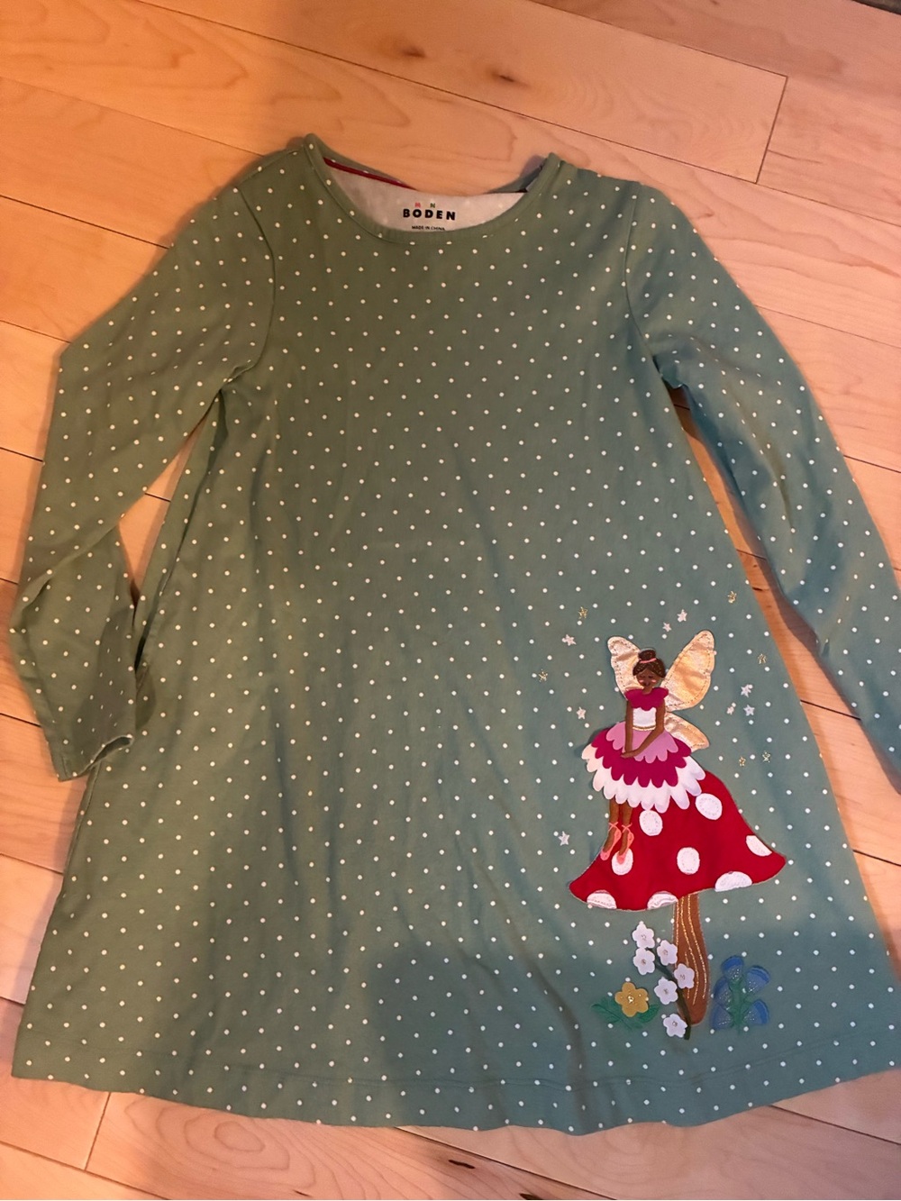 Boden Green Polka Dot Fairy Appliqué Dress 7/8